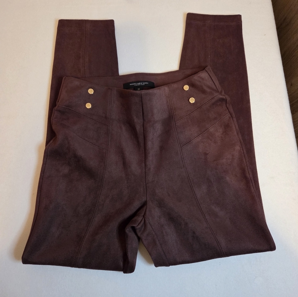 Marc New York Brown High-Waisted Suede Ankle Pants with Gold Buttons. XS